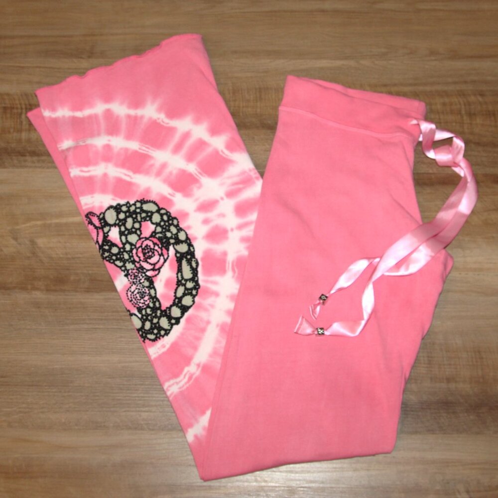 LN! Yvette Mandell SMALL Long Pink Tie Dye Peace Sign Wide Leg Lounge Pants